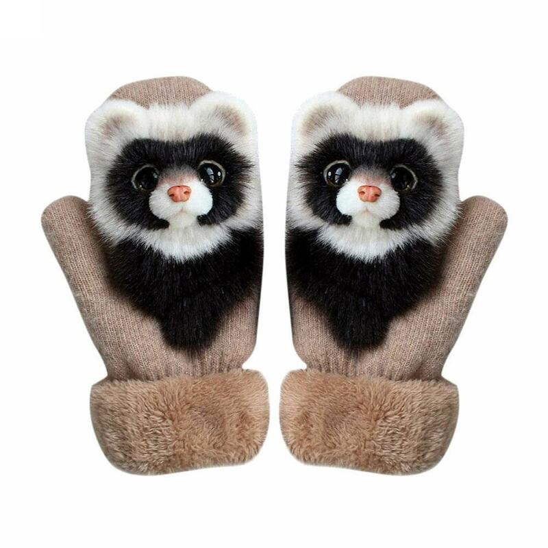 Guantes cálidos de invierno con diseño de mapache y gato Animal, 22cm de largo lindo, mitones para chicas, dedos completos, suaves, de princesa
