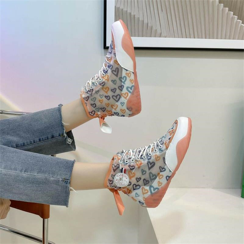 2021 New Women's Shoes Fashion Trend Personality Mesh Printing Lace-up Heel Bow Comfortable Casual All-season Sneakers KM270