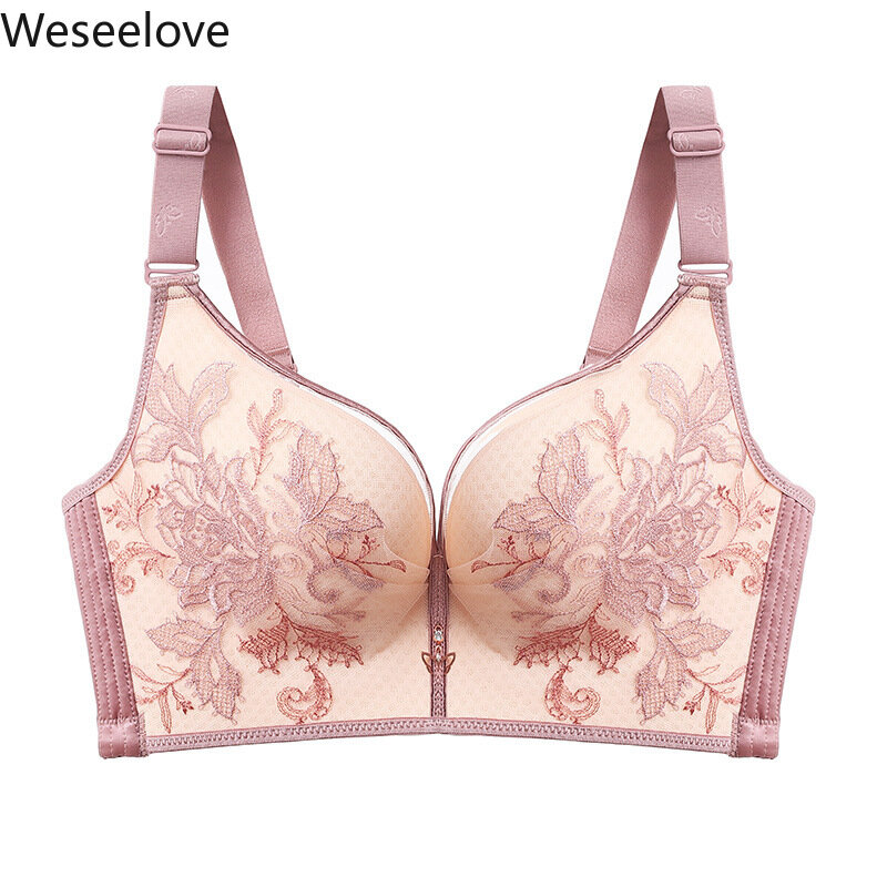 Weseelove New Large Size Exquisite Embroidered Bra Plus Size Women Gorge Push Up Thin Full Cup Bust Underwear Light Color X35