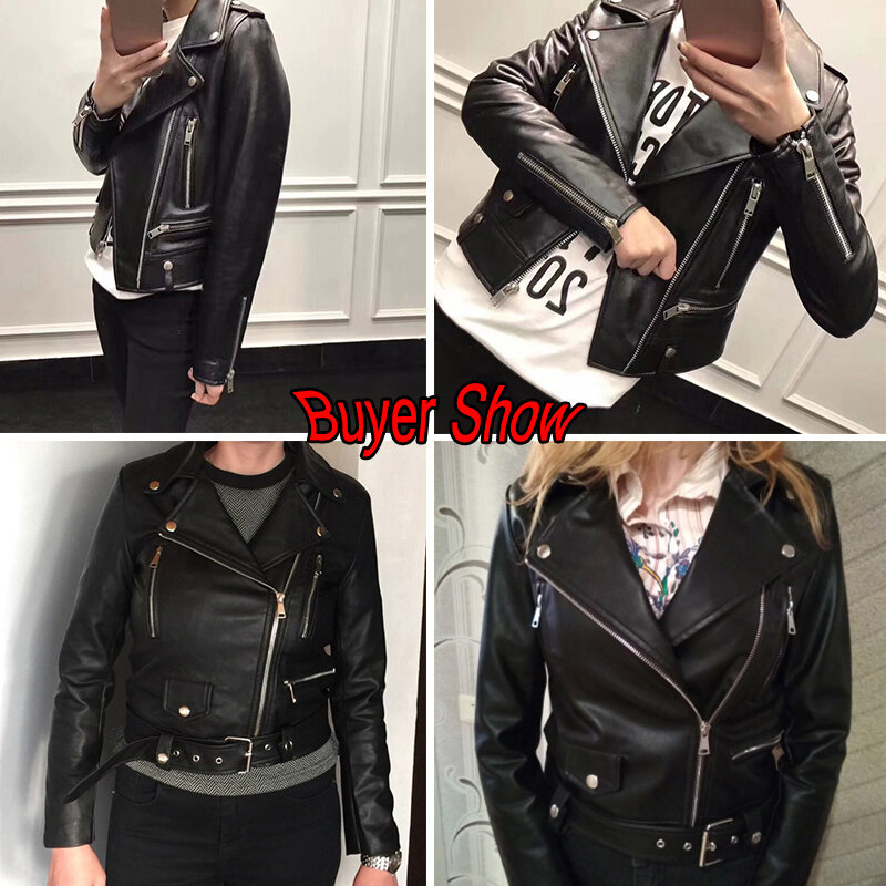 Novas mulheres primavera outono preto falso couro jaquetas com zíper casaco básico turn-down colarinho motociclista jaqueta com cinto