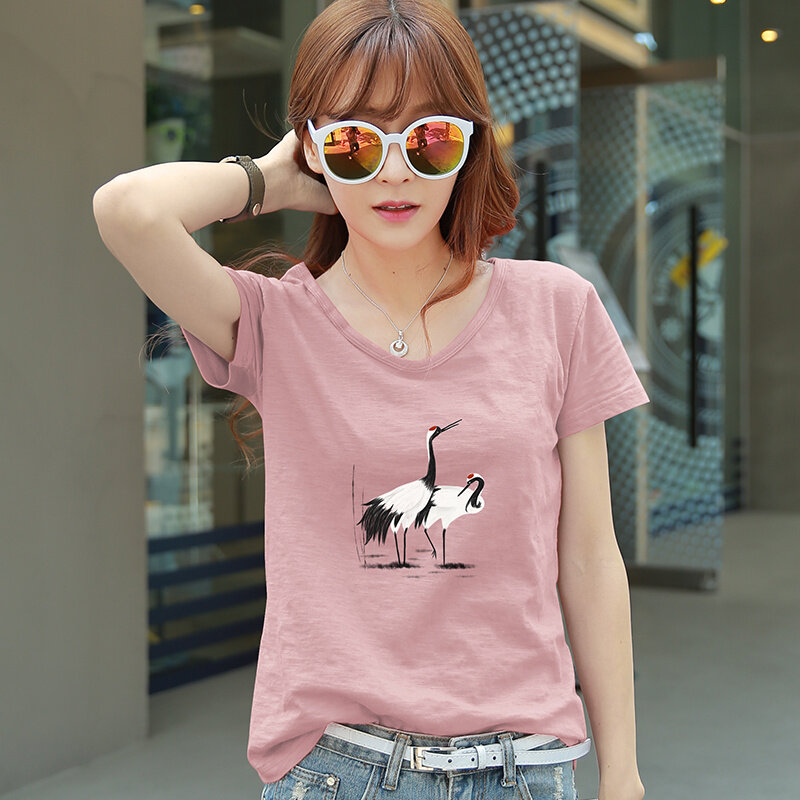 Camiseta ajustada de algodón con cuello redondo de talla grande modelo holgado para mujer N228 Pink 