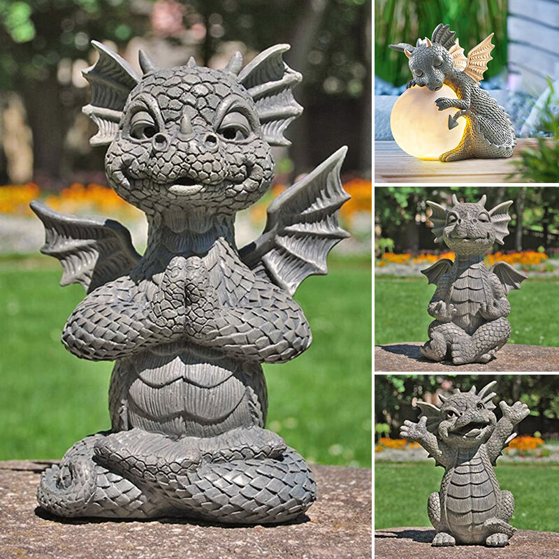 MystiCalls Garden Dragon medytowany posąg zbierający 16cm Ornament z żywicy kształt dinozaura rzeźba zewnętrzna dekoracja obejścia