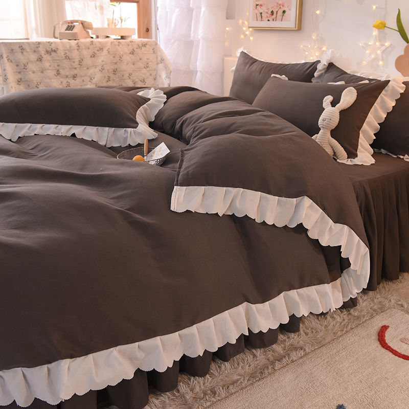 Girl heart bed skirt four-piece bedding Korean princess style thick sanding quilt cover three-piece set