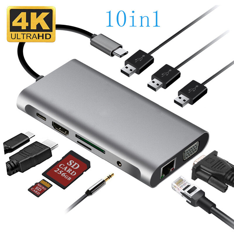 USB 유형 C 허브 유형 C-HDMI 4K VGA 어댑터 RJ45 Lan 이더넷 SD TF USB-C 3.0 3.5mm 잭 오디오 (MacBook Pro/Air OTG 2021 용)