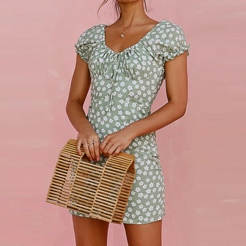 ฤดูร้อน2021ผู้หญิงเซ็กซี่ชายหาดดอกไม้พิมพ์ Vintage เอวผ้าพันแผล Vestido Holiday Mini Dresses Drop การจัดส่ง Vestidos