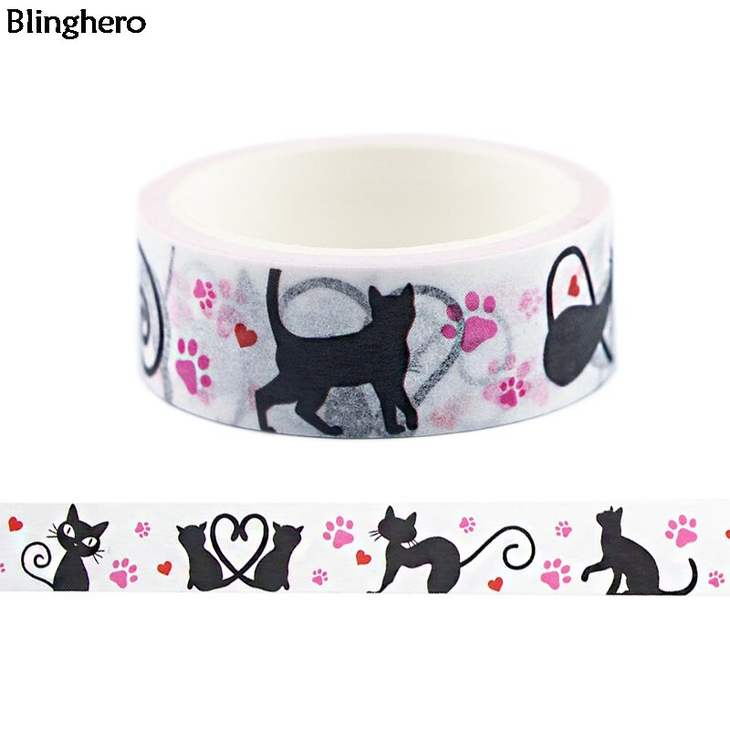 Blinghero 15mm x 5m 검은 고양이 washi 테이프 만화 접착 테이프 동물 마스킹 테이프 스티커 편지지 테이프 귀여운 선물 bh0398