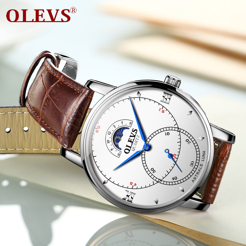 OLEVS Moon Phase นาฬิกาข้อมือหรูกันน้ำหนังควอตซ์นาฬิกาผู้ชายญี่ปุ่นคุณภาพสูง Relogio Masculino