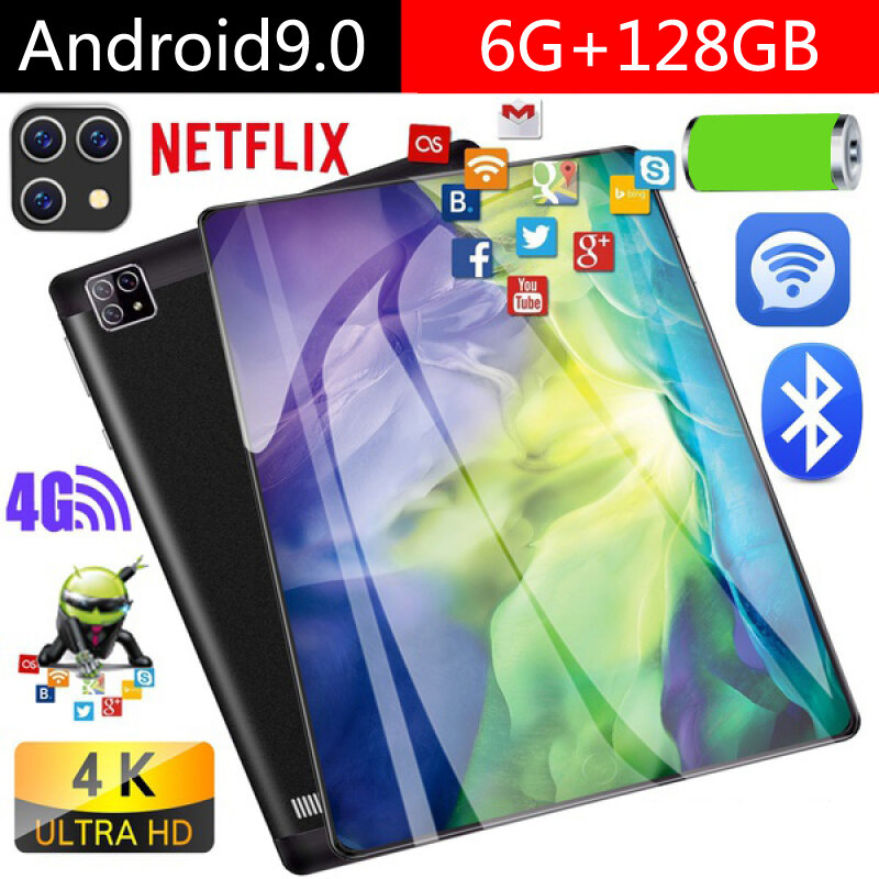 NEW Upgraded Tablet 10.1 Inch Screen Android 9.0 6G+128GB Wifi Tablet Dual Sim Card Call Phone Tablets PC Bluetooth Game Tablet