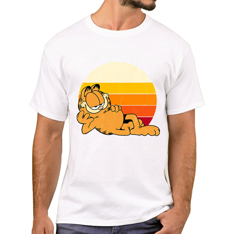Camiseta de manga corta con estampado de Garfield para hombre, ropa de manga corta, divertida, Vintage, al atardecer