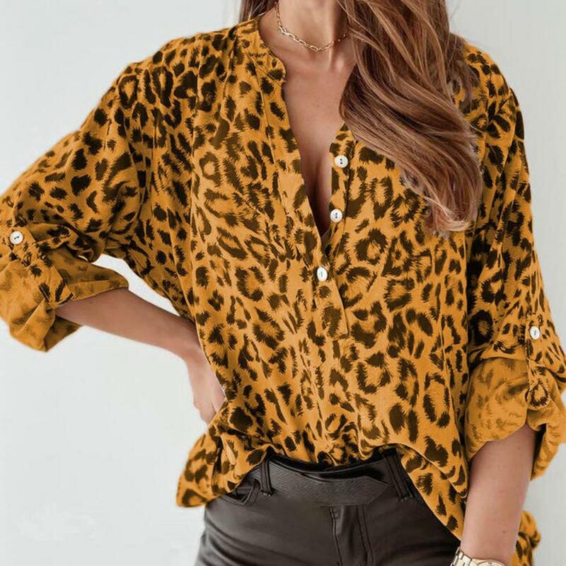 Chemisier à manches longues pour femmes, col montant, boutons, imprimé léopard, chemise de bureau