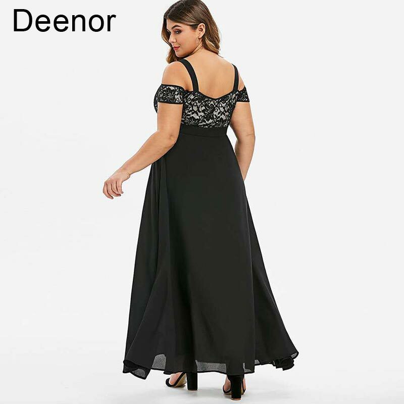 Deenor Plus Size Dress Flower Print Lace Suspender Chiffon Dress Long Dress Elegant Evening Party Dresses for New Year 2022