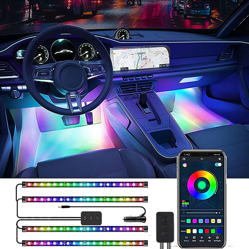 Lampu Sekitar LED Mobil Strip Lampu Dekoratif Suasana Interior Otomatis dengan Kontrol Aplikasi Mengalir Warna RGB Lampu Kaki Neon Mobil