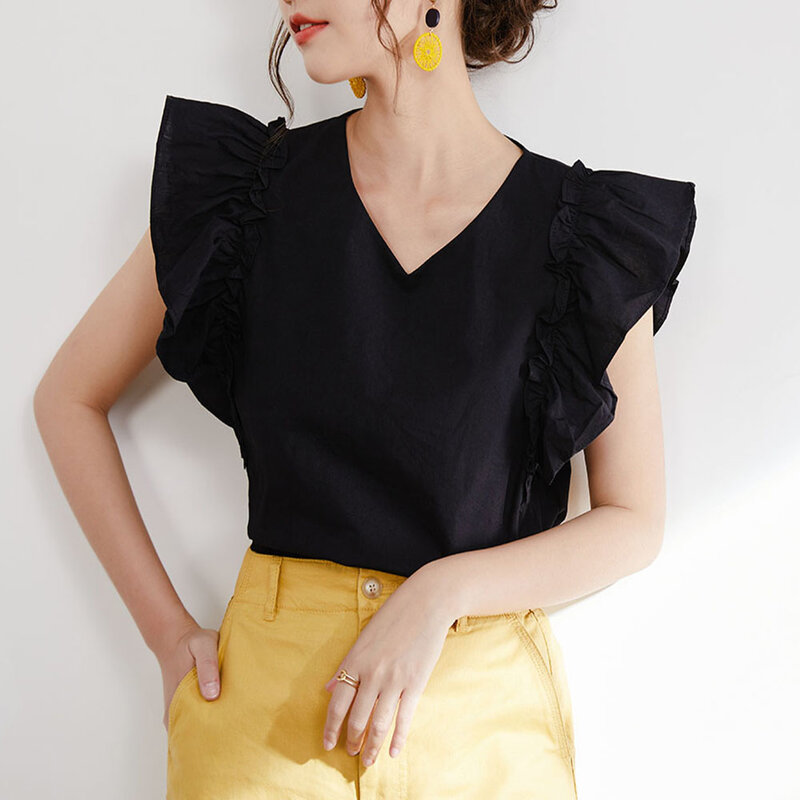 Blusa feminina preta plissada, decote em v, manga curta leve, moda coreana, 2021
