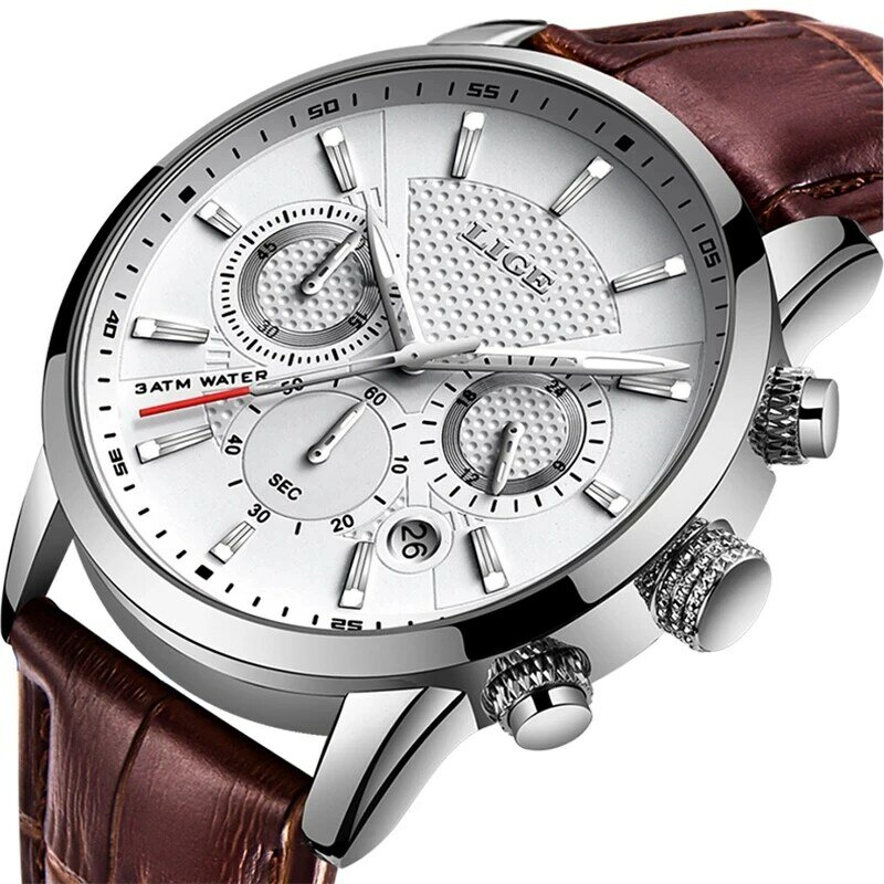 LIGE – montre à Quartz en cuir pour hommes, chronographe, étanche, Sport, Date automatique, nouvelle collection 2021