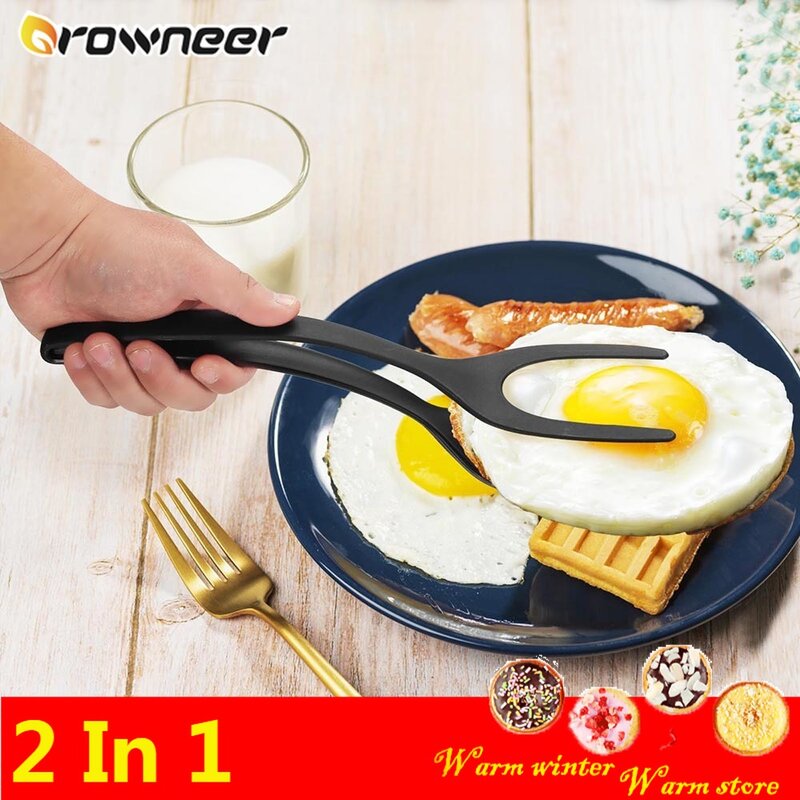 2 In 1 Multipurpose Non-stick Food Clip Fried Egg Cooking Turner Pancake Spatula Pizza Barbecue Bread Clamp Thicken Smooth Tong