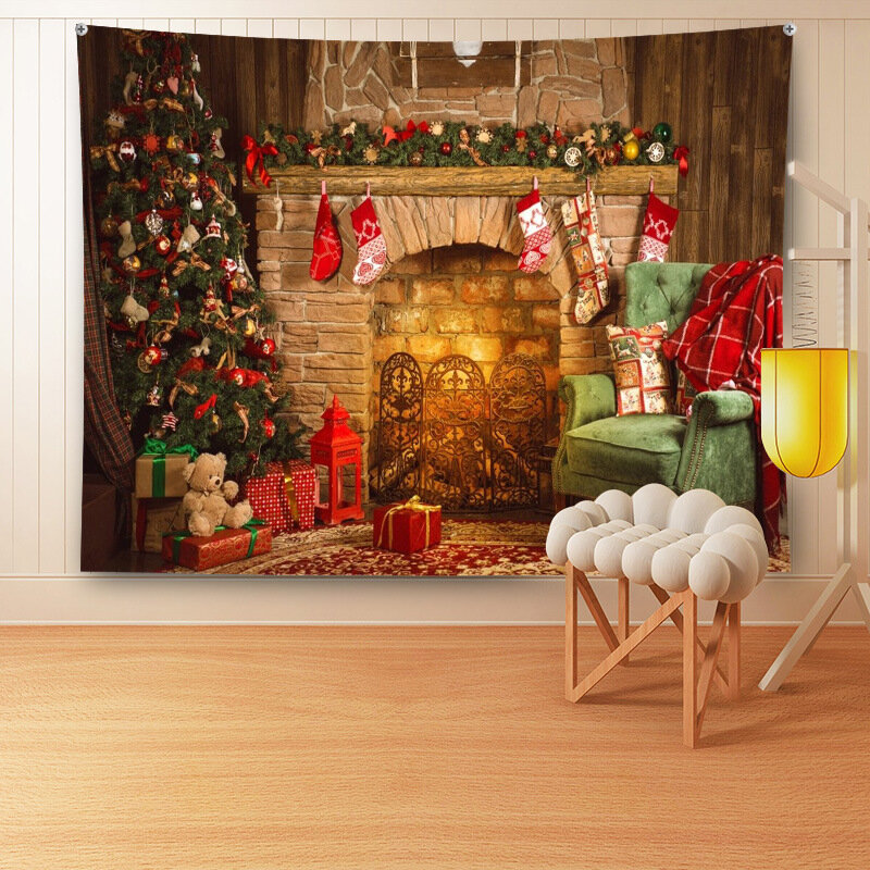 Arazzo natalizio appeso a parete babbo natale camino calzini regali arazzo stampato copriletto cartone animato panno da parete decorazioni per la casa