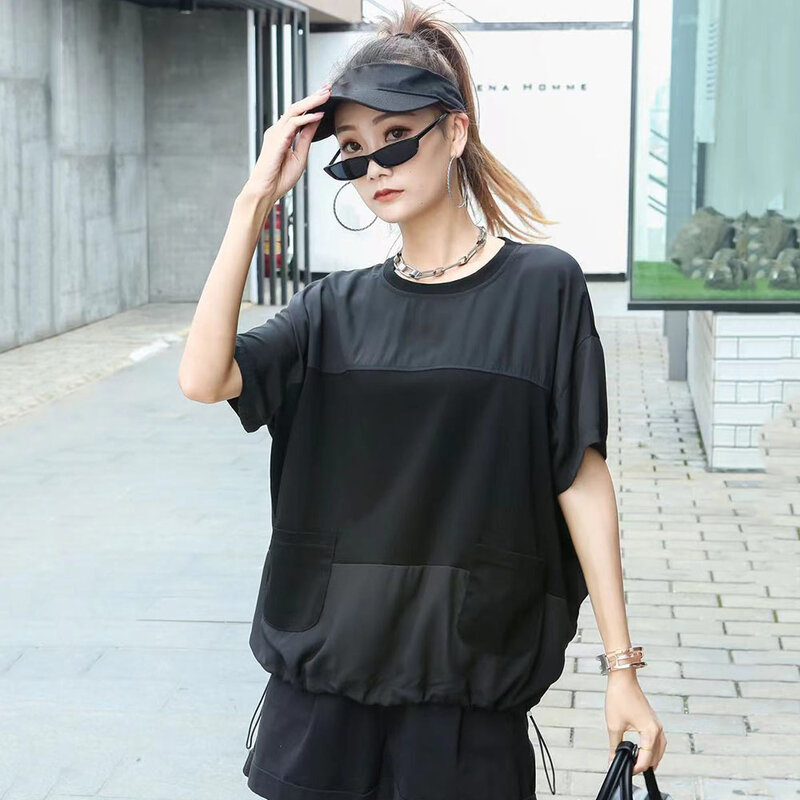 Camiseta holgada informal de Color liso para mujer, camiseta sencilla con cuello redondo, cordón de bolsillo, estilo japonés, novedad de verano 2021