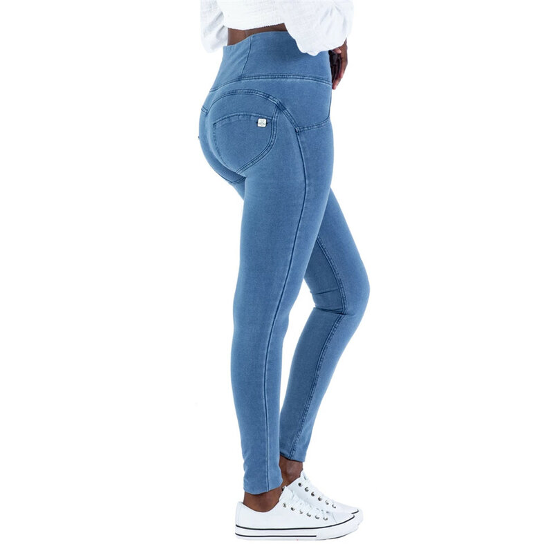 Jeans Biru Vintage Jeans Super Melar untuk Celana Jins Wanita Pembentuk Bokong Denim Elastis dengan Tarikan Kurva