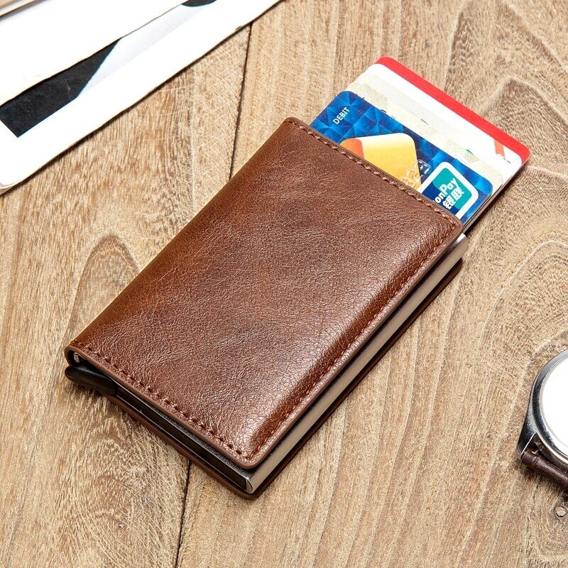 Skóra PU dla mężczyzn inteligentny portfel dla kobiet blokowanie RFID etui na karty kredytowe etui na uchwyt wizytownik banku aluminium Metal czysta torebka