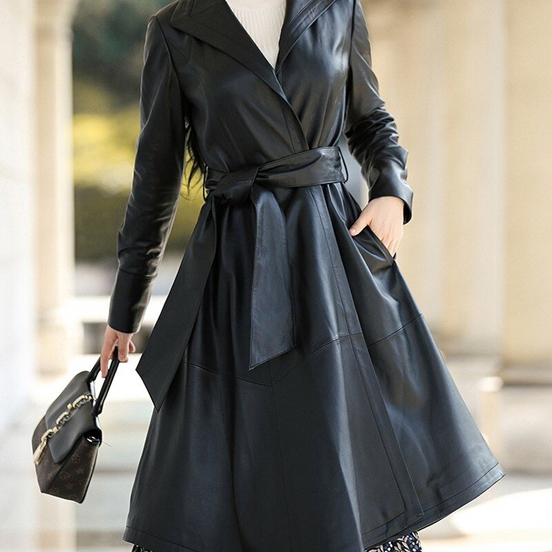 Couro legítimo do revestimento feminino, casaco longo com botão-para baixo único bolsos goalie pele de carneiro