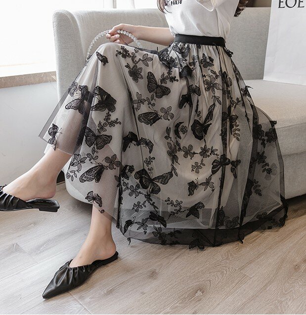 2020 Nieuwe Zomer Streetwear Elastische Taille 3D Vlinder Borduren Bloemen Gaas Rok Sexy Elegante Dame Midi Rokken