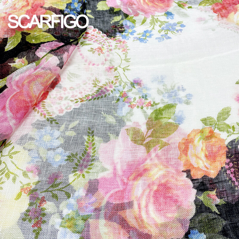 SCARFIGO ดอกไม้การพิมพ์100% ผ้าลินินผ้าพันคอผู้หญิงฤดูใบไม้ผลิผ้าคลุมไหล่175*55ซม.