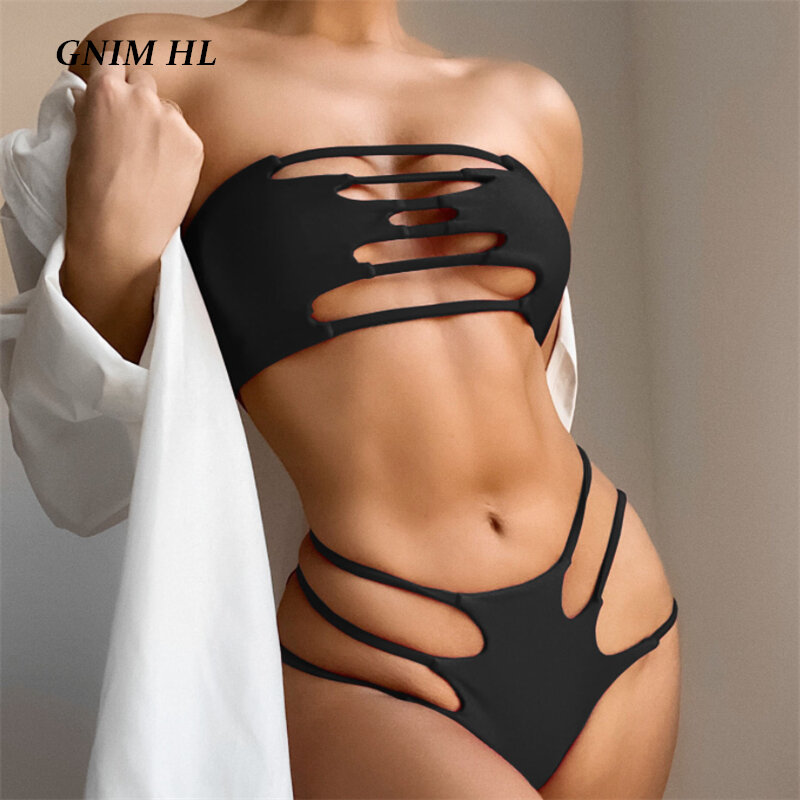 GNIM Sexy Hollow Out Solid Bikini Set 2021 Summer Bandeau Swimwear Women 2 Pieces Backless New Style Brazilian Swimsuit Biquinis