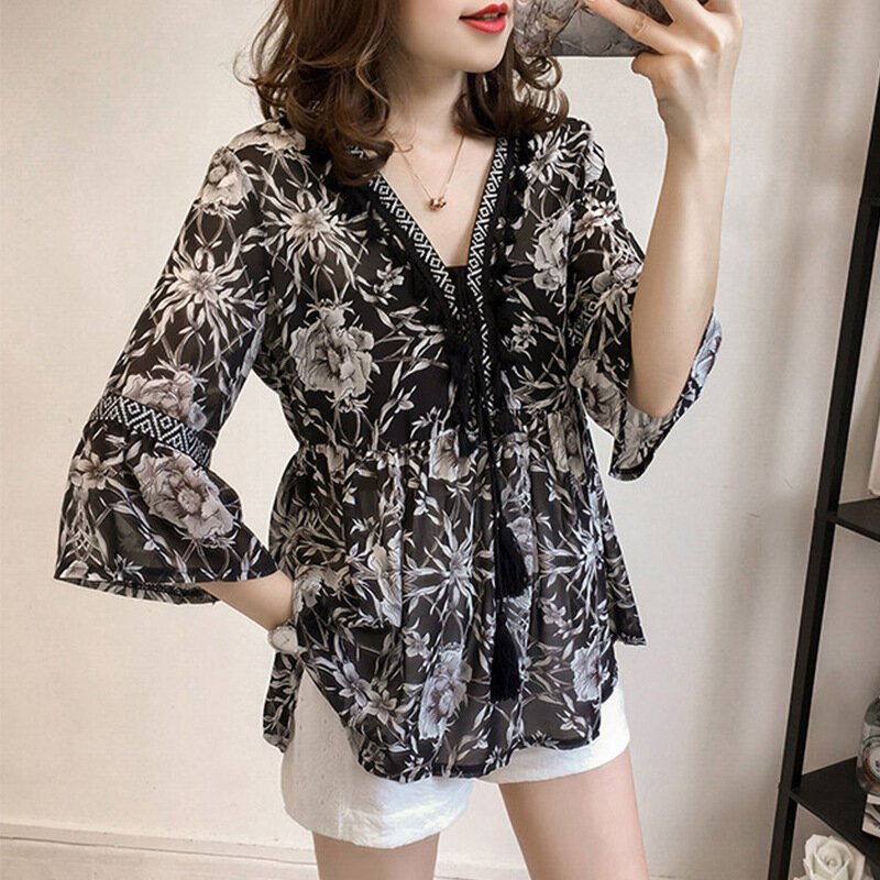 Mulheres verão chiffon camisas 2021 manga curta com decote em v floral impressão retalhos tassel blusa casual beachwear top cover ups
