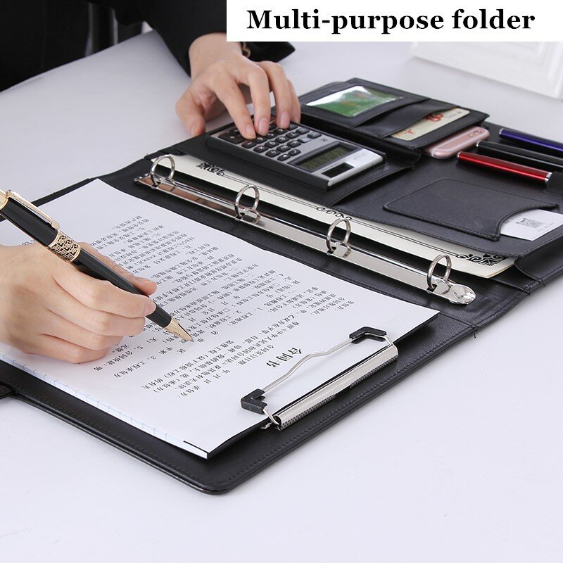 A4หนังโฟลเดอร์เอกสาร Binder Multi-ฟังก์ชั่นเครื่องคิดเลขปากกาจัดเก็บข้อมูลกระเป๋า Organizer ทนทาน Office Manager ค...