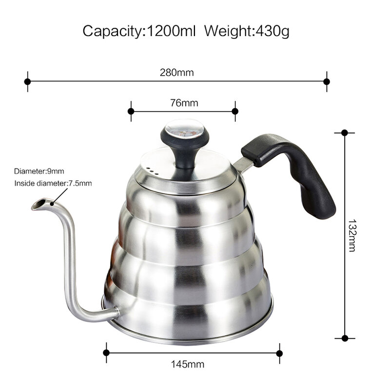 1L/1.2L 304 ze stali nierdzewnej dzbanek do kawy z termometrem użytku domowego dzbanek na herbatę profesjonalnego przygotowania kawy narzędzie czajnik czajnik ekspres do kawy