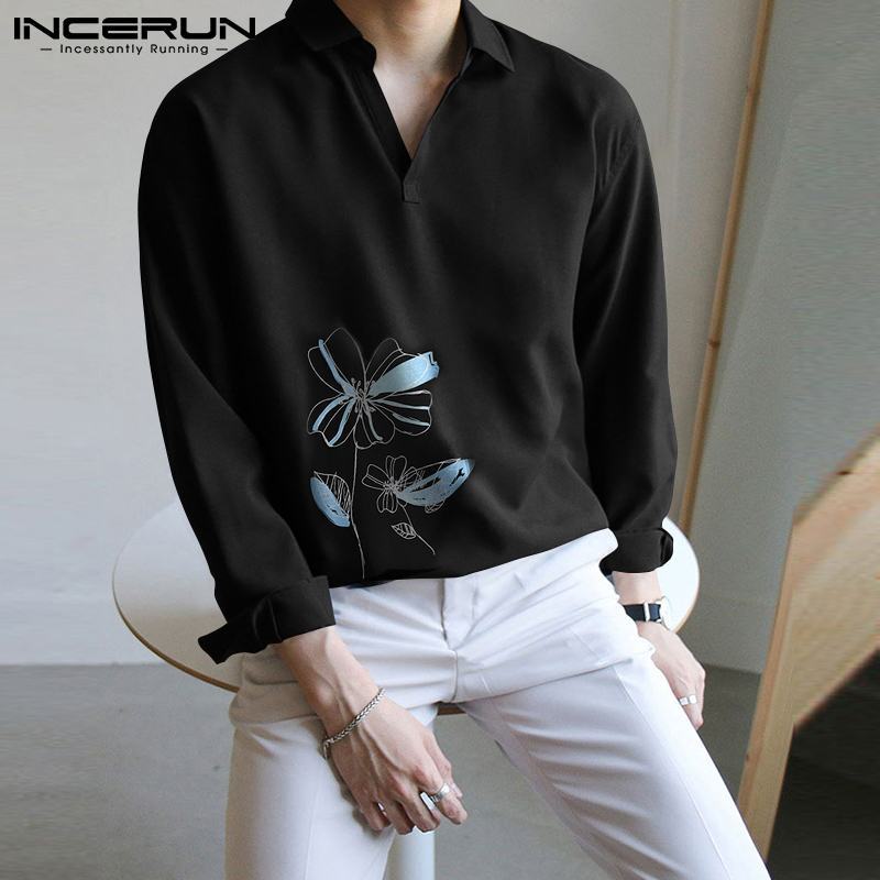 INCERUN 2021 New Shirts For Men's Korean Style All-match Casual Art Ink Flower Blouse Printing Hot Sale Long-sleeve Shirt S-5XL