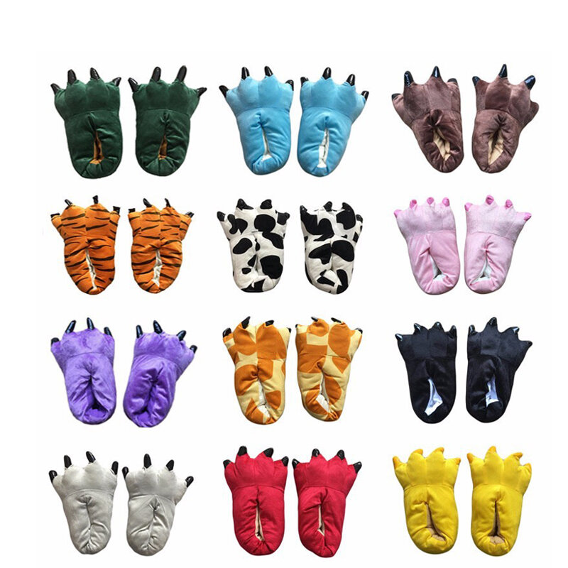 Kigurumi-Zapatillas de invierno para niños y adultos, zapatos de pijama cálidos con dibujos animados, dinosaurio, jirafa, vaca, tigre