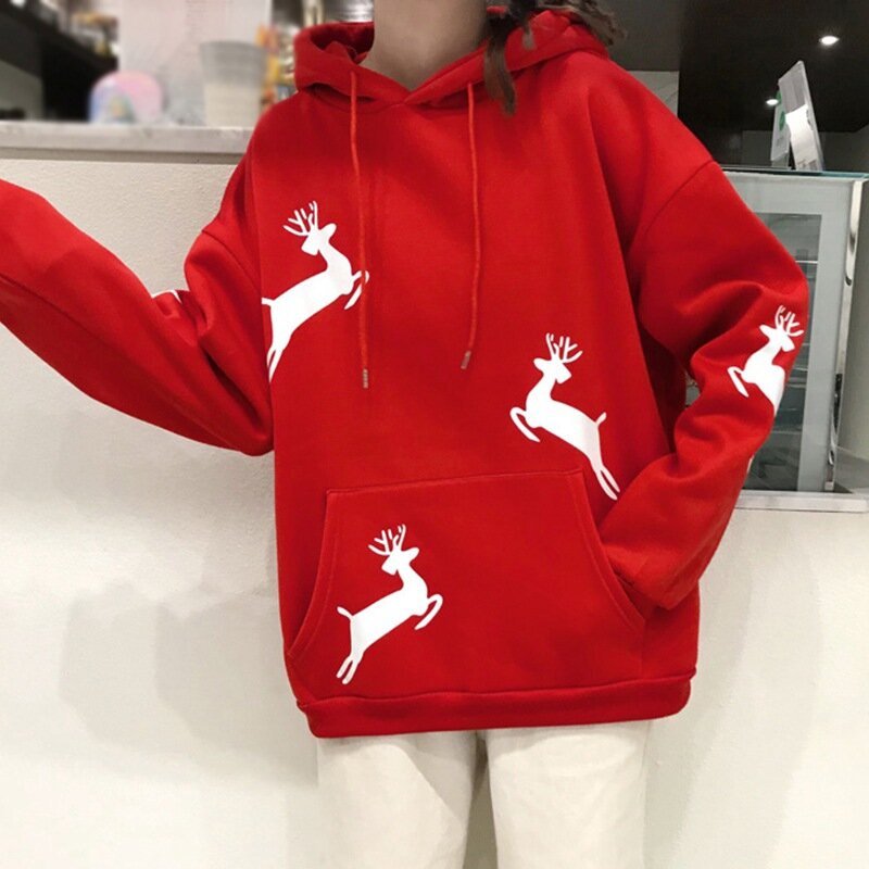 Autumn Winter Korean Style Loose Christmas Deer Woman Pullovers Print Plus Velvet Thick Hooded Top Mujer De Moda