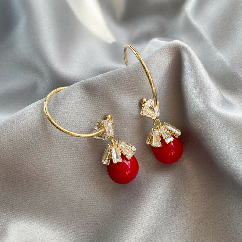 Women Jewelry Creative 925 Silver Needle Red Petal Pearl Stud Earrings Birthday Gift
