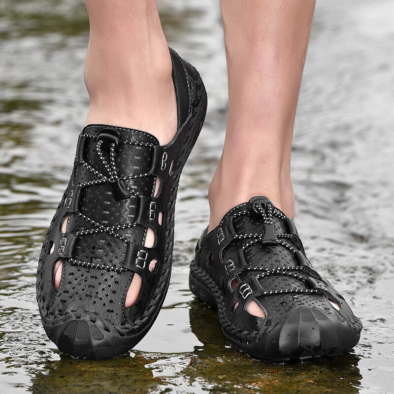Sandal Kulit Pria Musim Panas Baru 2021 Sandal Romawi Buatan Tangan Kasual Fashion Merek Sandal Pantai Hiking Olahraga Luar Ruangan Ukuran Besar 48
