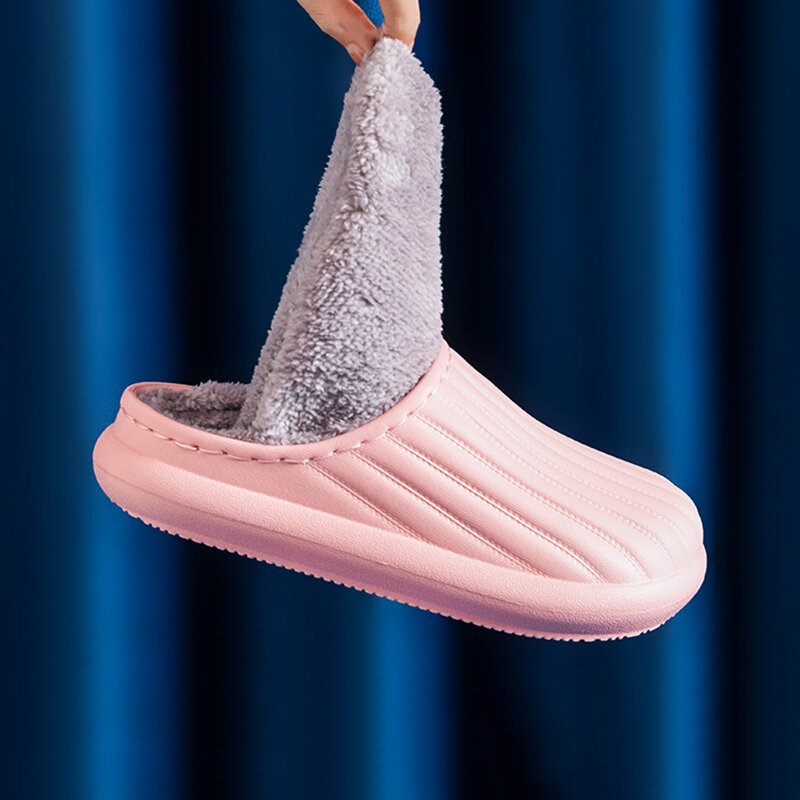 KEEROP Waterproof Men's Slippers For Indoor Non-Slip Thick Bottom Women Cotton Shoes Plus Velvet Warm Couples Household Slippers