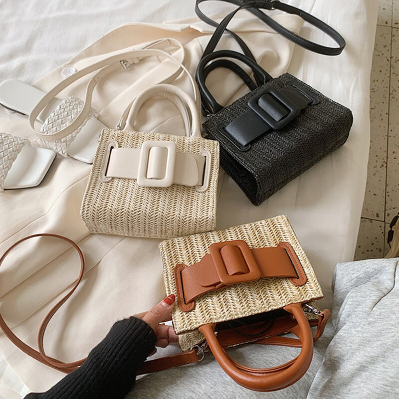 Дизайнерская Плетеная соломенная сумка из искусственной кожи, Женская сумочка, плетеная пляжная сумка через плечо в богемном стиле, 2021