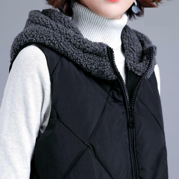 Feminino preto cordeiros colete com capuz inverno moda meados de comprimento sólido algodão acolchoado retalhos colete sem mangas jaqueta feminina k1494