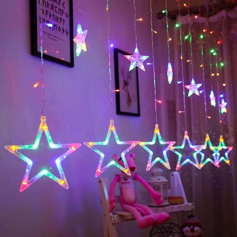 Luces de carámbano LED, cadena de luces de estrella de cinco puntas, 6 luces de cortina grandes y pequeñas, luces decorativas, enchufe macho y hembra