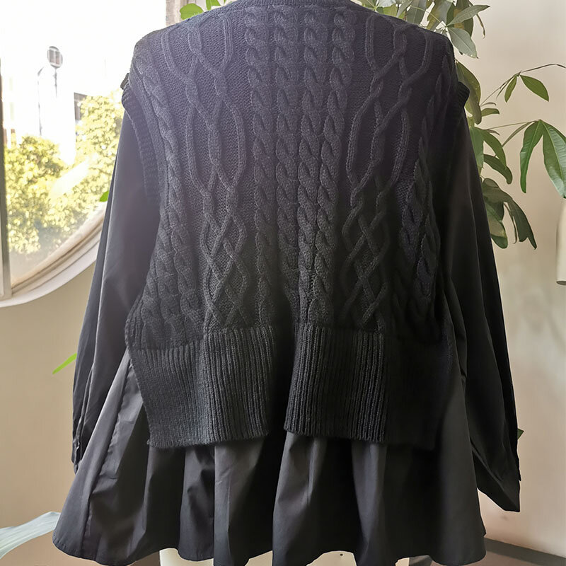 Женский свитер, Осенний жилет, рубашка с вышивкой, имитация двух частей, корейский женский Свободный Повседневный пуловер 2022, женские модные топы с круглым вырезом
