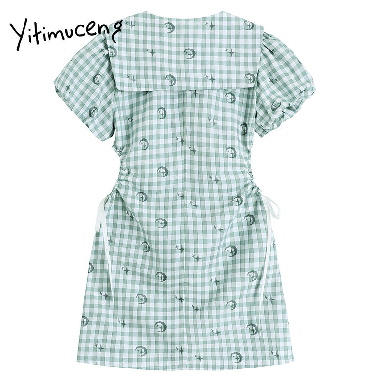 Женское клетчатое платье Yitimuceng, летнее ажурное платье с высокой талией и пышными рукавами, матросский воротник, ТРАПЕЦИЕВИДНОЕ зеленое Мод...
