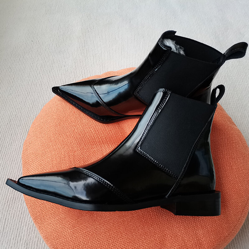 Botines de talla grande para mujer, botas de piel de vaca de charol Chelsea, botines de tacón bajo a la moda que combinan con todo, color negro, 2021, 22-26,5 cm