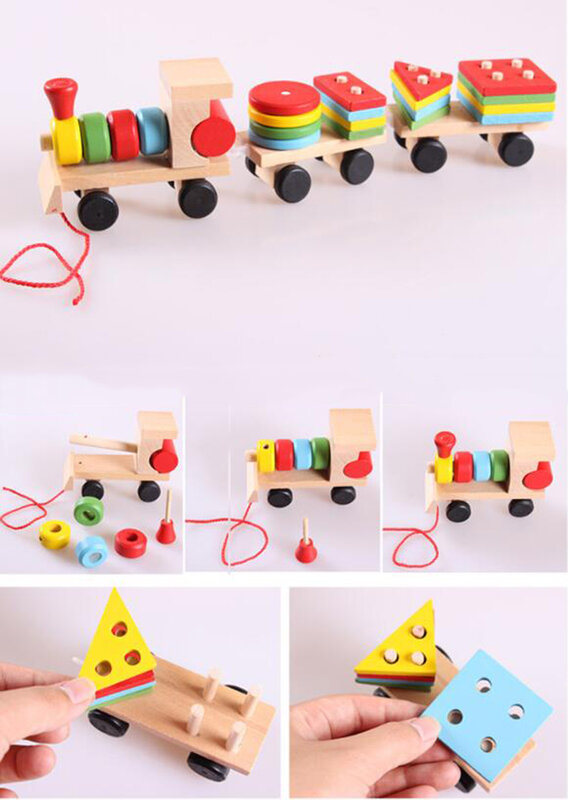 Drewniane zabawki przeciągnij pociąg cyfrowe wczesne dzieciństwo edukacja Puzzle geometryczny kształt bloku pojazd budowlany zabawki