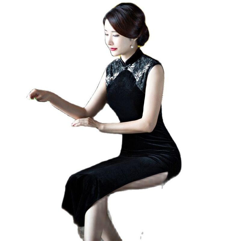Robe Cheongsam en dentelle noire, Noble, longue, ajourée, robe de soirée, Sexy, sans manches, en velours, élégante
