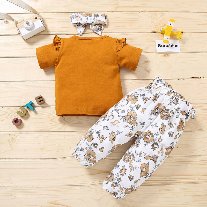 Criança do bebê meninas de manga curta carta impresso topos floral bowknot calças roupas da menina do bebê ropa niña meisjes kleding