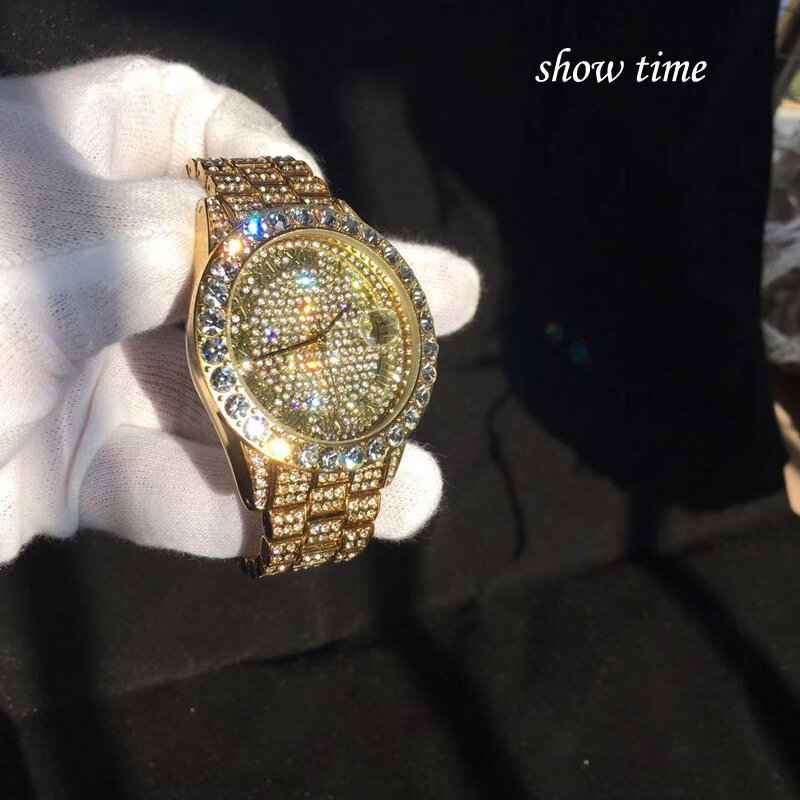 Completa bling grande diamante relógio para homem iced-out hip hop masculino relógios de quartzo data à prova dwaterproof água relógio masculino ouro aço xfcs