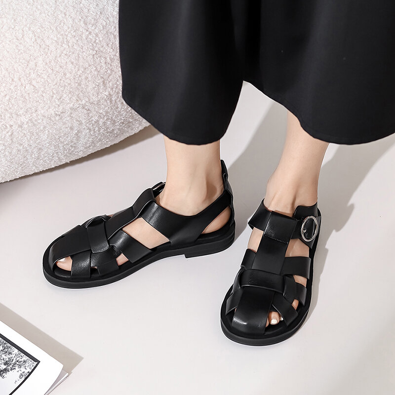 Taoffen 2021 nova mulher sapatos de couro real sandálias de verão fivela cinta oco para fora sandálias de praia legal senhoras calçados tamanho 34-42