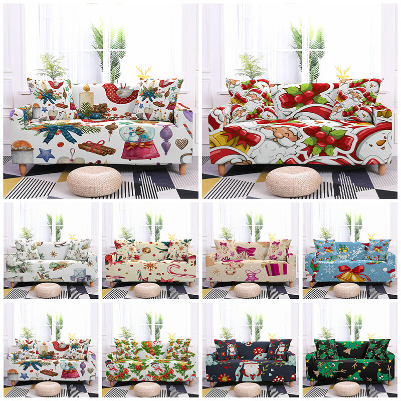 Christmas Sofa Slipcover Elastic Sofa Cover For Living Room Sectional Corner Sofa Cover Santa Claus Stretch Couch Cover 1-4 Seat