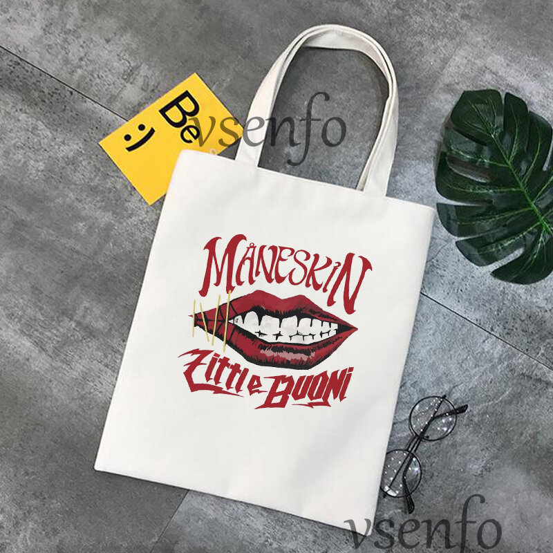 Maneskin-Bolso de hombro con estampado de tela para mujer, bolsa grande de lona para libros, Eco, para compras, reutilizable