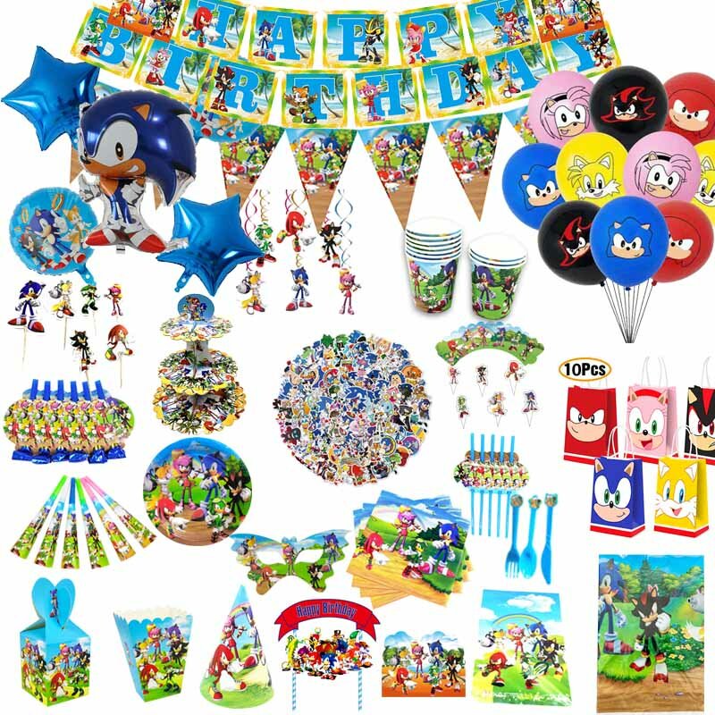 Trang Trí Tiệc Sinh Nhật Sonice Khăn Trải Bàn Cốc Giấy Tấm Rơm Khăn Ăn Mũ Hộp Kẹo Trẻ Em Dự Tiệc Cung Cấp Cho Bé